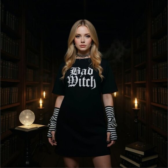 Bad Witch Graphic Tee W/ Gothic Print & Striped Arm Warmers – Trickz N Treatz - Picture 2 of 8